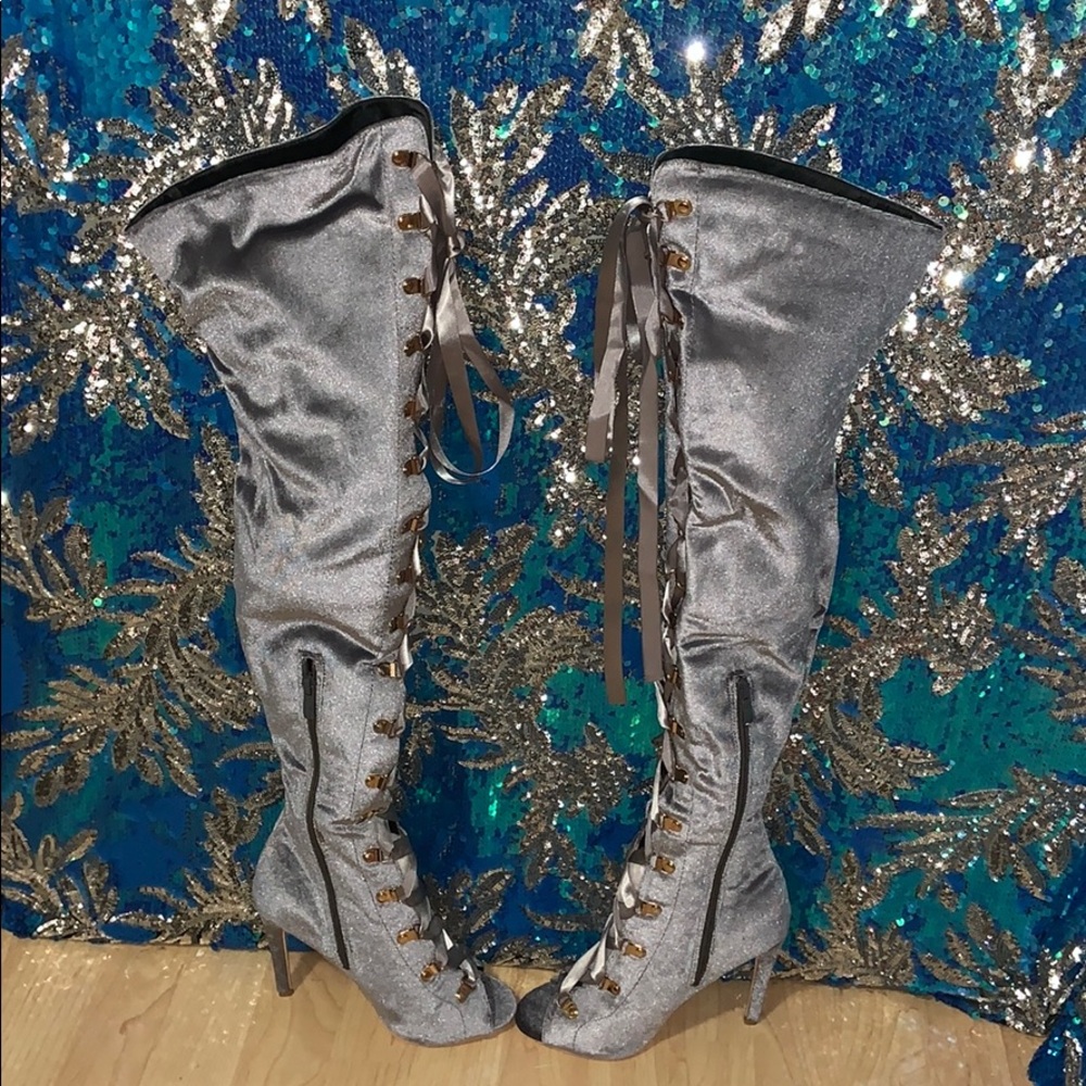 Gray Velvet Thigh High Laced Heeled Boots